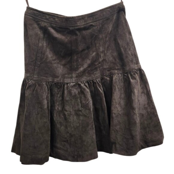 LOFT  Brown Suede Button Front Skirt High Waist Ruffle Hem Flap Pockets Boho 8 - Picture 5 of 10